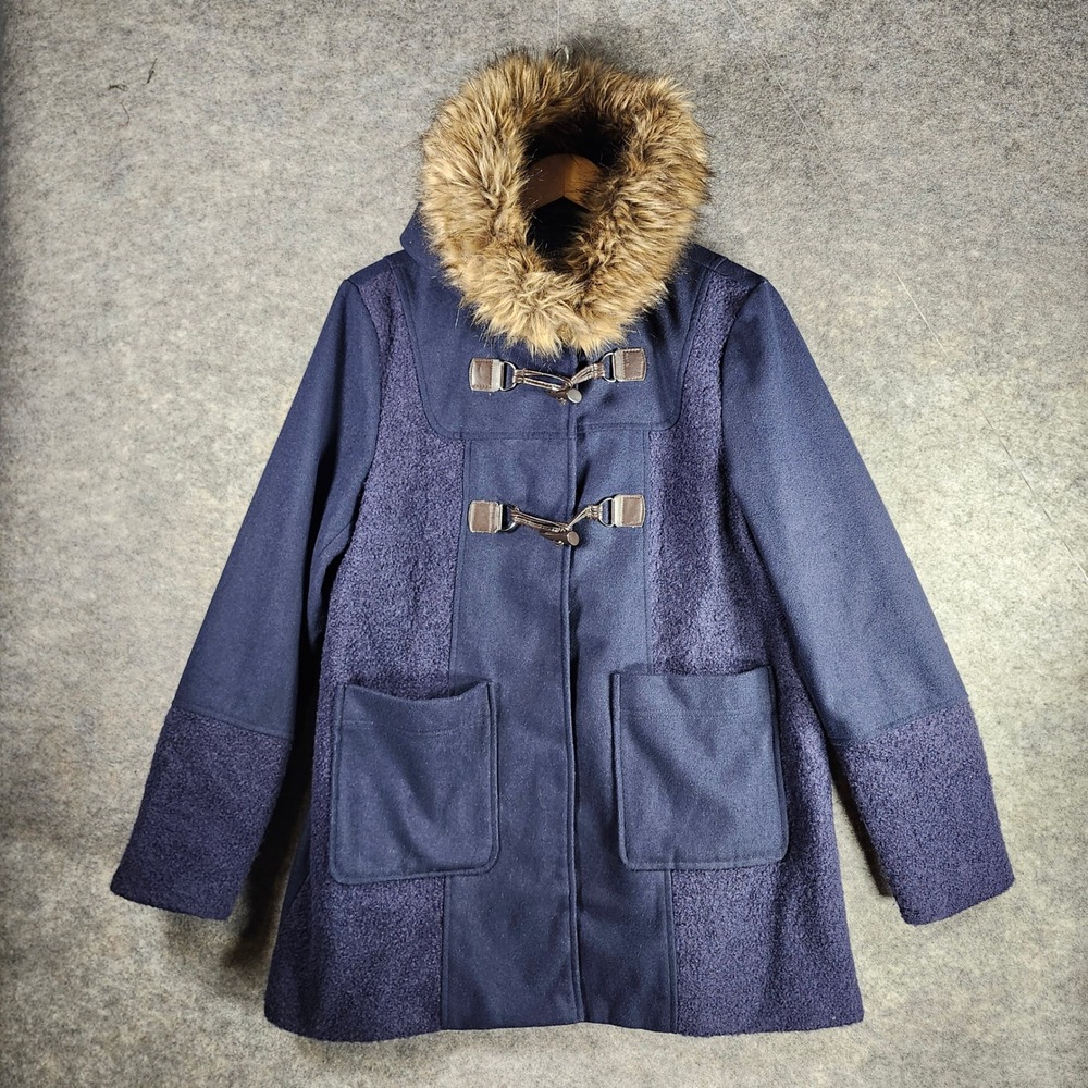 COFFEESHOP Navy Blue Toggle Faux Fur Hood Duffle Coat Women's XL‎ Parka Classic
